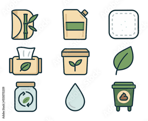 Eco-Friendly Makeup Icons. Flat icon set of eco-friendly makeup removal: bamboo cloth, refill pouch, reusable
