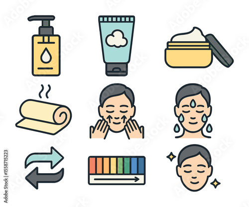 Double Cleansing Icons. Flat icon set of double cleansing method: oil cleanser bottle, foam cleanser,