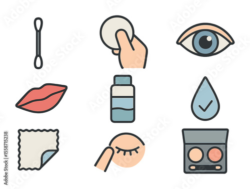 Makeup Removal Icons. Flat icon set of eye and lip makeup removal: cotton swab, precision wipe, eye makeup