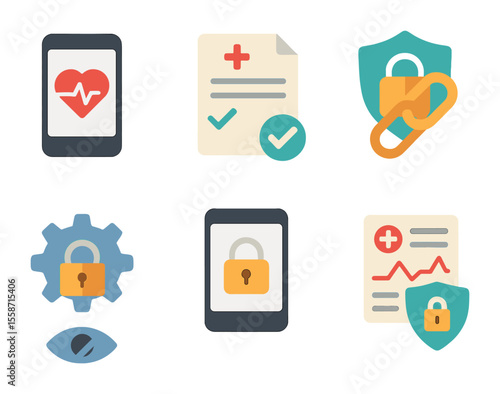 Health Data Privacy Icons. Flat icon set of health app data privacy: mobile health app, consent form icon,