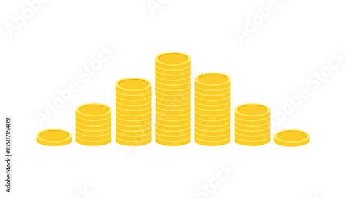 Friendly flat cartoon coins tower in the center peak as other stacks taper outward like a financial histogram; the white environment maximizes negative space, allowing designers
