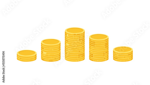 Minimal cartoon-style coins form a playful bell curve at the bottom of a crisp white background, reserving generous copy space above