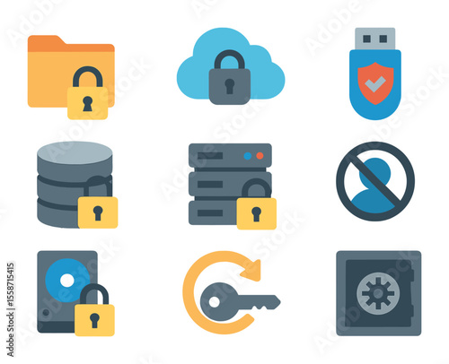 Secure Data Icons. Flat icon set of secure health data storage: encrypted folder, cloud lock, USB with shield,
