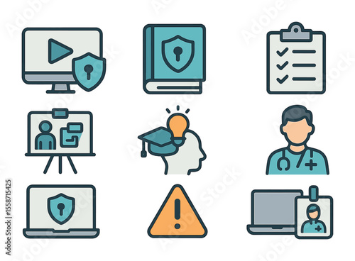 Healthcare Cybersecurity Icons. Flat icon set of cybersecurity training in healthcare: e-learning screen,