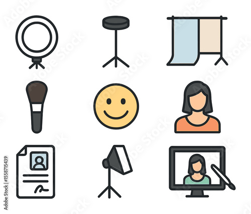 Photography Icon Set. Flat icon set of portrait photography elements: ring light, posing stool, backdrops,