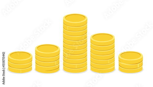 Bright gold coin piles of uneven height suggest statistical data growth and decline in a fun flat design; the large empty white canvas offers plenty of space to place marketing slogans, infographics