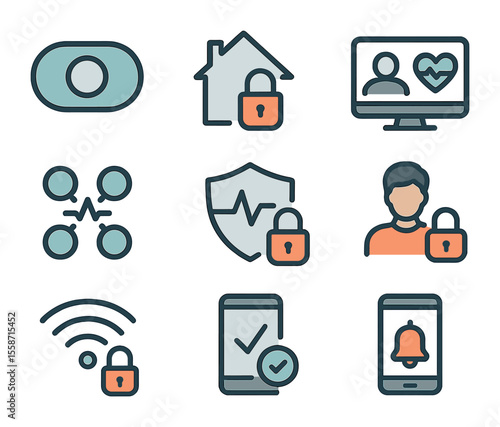 Remote Health Security Icons. Flat icon set of remote patient monitoring security: wearable patch icon, home