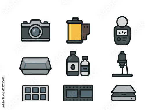 Film Photography Tools Icons. Flat icon set of film photography tools: analog camera, film roll, light meter,