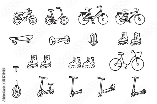 Hand drawn Personal transport and sport accessory for city driving. transport for kids and adults in doodle style. Vector 