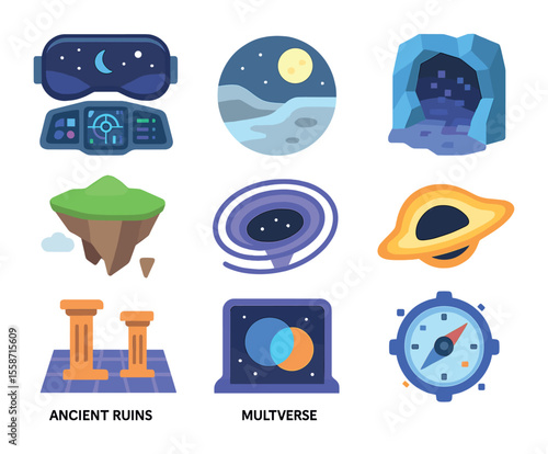 Digital Space Icon Set. Flat icon set of digital spaces exploration: VR spaceship cockpit, moon landscape,