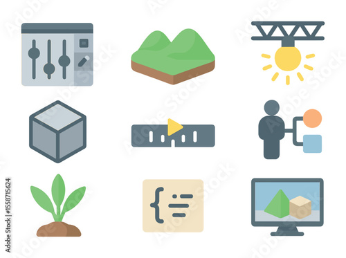 Simulated Reality Icons. Flat icon set of simulated reality creation: world editor panel, 3D terrain icon,