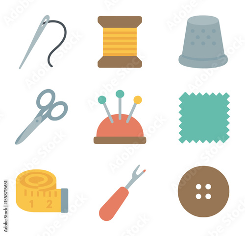 Sewing Supplies Icons. Flat icon set of sewing supplies: sewing needle, thread spool, thimble, scissors, pin