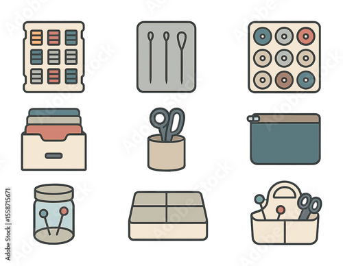 Needlecraft Storage Icons. Flat icon set of needlecraft storage: thread organizer, needle case, bobbin box,