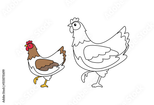Cute cartoon hen outline using kids coloring page on white background isolated with vector illustration.