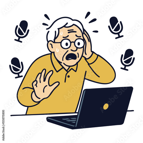 Elderly man looks shocked and worried while using laptop, surrounded by microphones