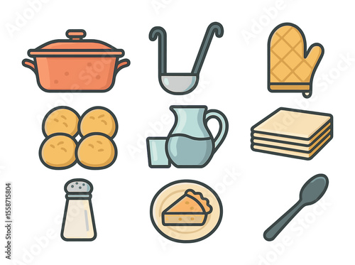 Homemade Meal Icons. Flat icon set of shared homemade meals: casserole dish, ladle, oven mitt, dinner rolls,
