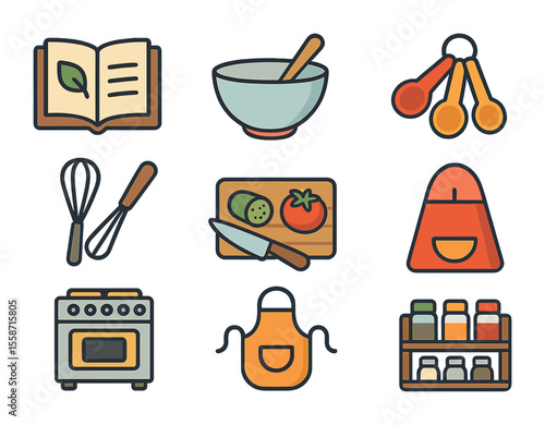 Cooking Tools Icons. Flat icon set of preparing meals together: recipe book, mixing bowl, measuring spoons,