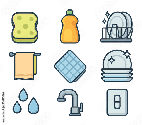 Evening Clean-Up Icons. Flat icon set of evening clean-up after meals: sponge, dish soap bottle, drying rack,