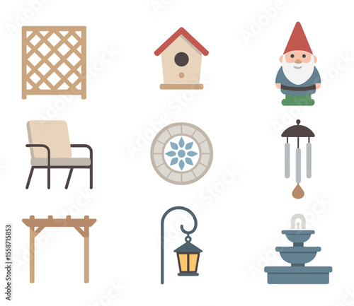 Garden Icon Set. Flat icon set of garden decor and furniture: trellis panel, birdhouse, garden gnome, patio