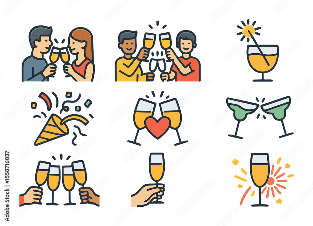 Naklejka premium Party Toast Icons. Flat icon set of party toast moments: couple toasting, friends raising glasses, sparkler in