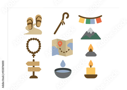 Pilgrimage Icons Collection. Flat icon set of pilgrimage and sacred journey: sandals on path, staff, prayer
