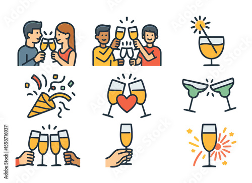 Party Toast Icons. Flat icon set of party toast moments: couple toasting, friends raising glasses, sparkler in