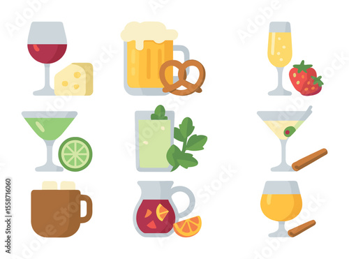 Drink Pairing Icons. Flat icon set of themed drink pairings: wine and cheese, beer and pretzels, champagne and