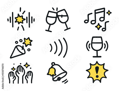 Celebration Sound Icons. Flat icon set of celebration sounds and symbols: soundwave burst, clink star, music