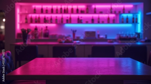 An empty table in the lounge area of a futuristic nightclub interior, a bar in purple and blue neon lights with free space for text, advertisements