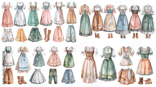 Charming watercolor collection of dirndl dresses with aprons and boots, showcasing traditional German fashion ideal for Oktoberfest and folk costume visuals.

