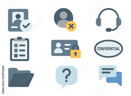 Pretexting Icons Grid. Flat icon set of pretexting scenarios: ID verification request, fake profile icon, call
