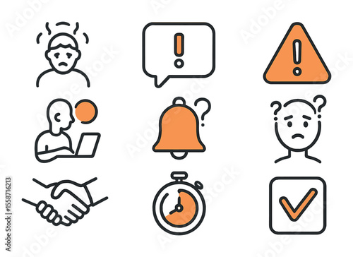 Human Vulnerability Icons. Flat icon set of human-factor vulnerabilities: emotional stress icon, panic message