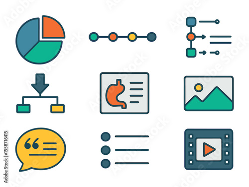 Visual Aids Icon Set. Flat icon set of visual aids for students: pie chart, timeline graphic, infographic
