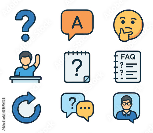 Student Q&A Icons. Flat icon set of student Q\&A session: question mark icon, answer speech bubble, thoughtful