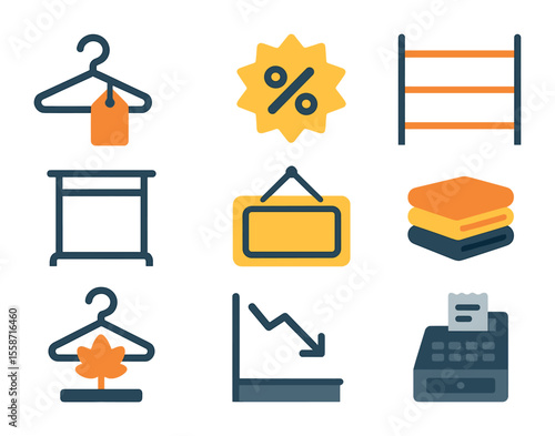 Clearance Sale Icons. Flat icon set of clearance rack specials: hangers with tags, price slash icon, sale