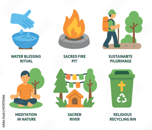 Spiritual Ecology Icon Set. Flat icon set of spiritual ecology practices: water blessing ritual, sacred fire