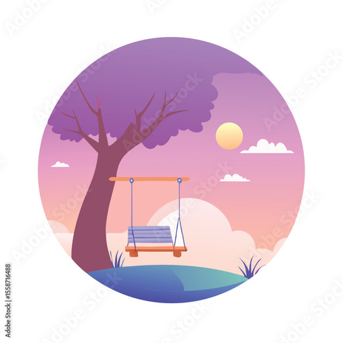 Nostalgic and serene scene featuring a simple wooden swing on a tree vector art design 