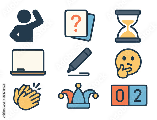 Party Games Icons. Flat icon set of party games collection: charades symbol, trivia cards, sand timer,