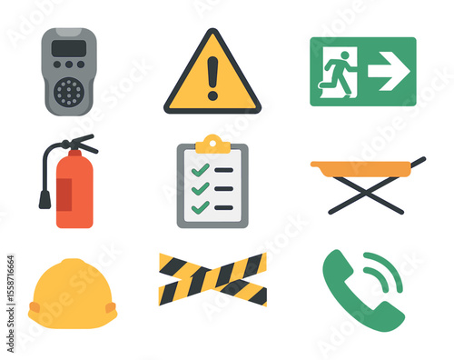 Mine Safety Icon Set. Flat icon set of safety and risk in mines: gas detector, danger triangle, emergency exit