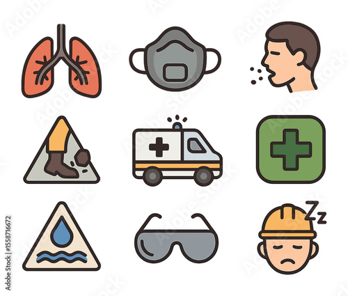 Health Risks Icons. Flat icon set of health issues in mining zones: lung icon, dust mask, coughing person,