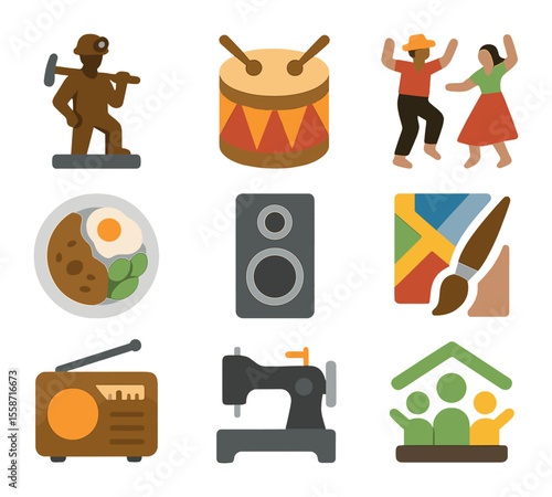 Mining Town Icon Set. Flat icon set of mining town culture and identity: miners statue, festival drum,