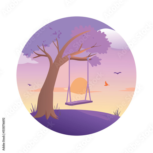 Nostalgic and serene scene featuring a simple wooden swing on a tree vector art design 