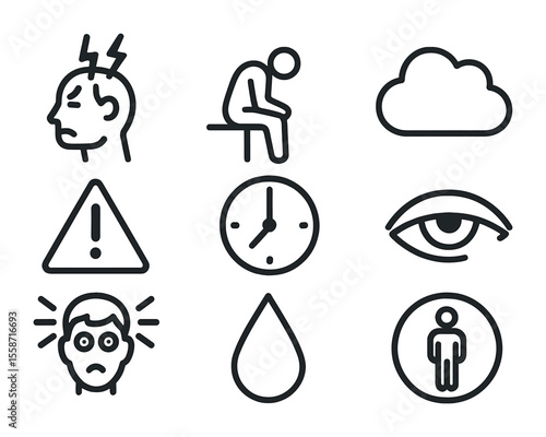 Workplace Stress Icons. Flat icon set of signs of workplace stress: headache icon, slumped figure, thought