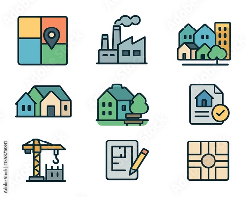 Urban Zoning Icons. Flat icon set of urban zoning and land use: zoning map, industrial zone, commercial block,