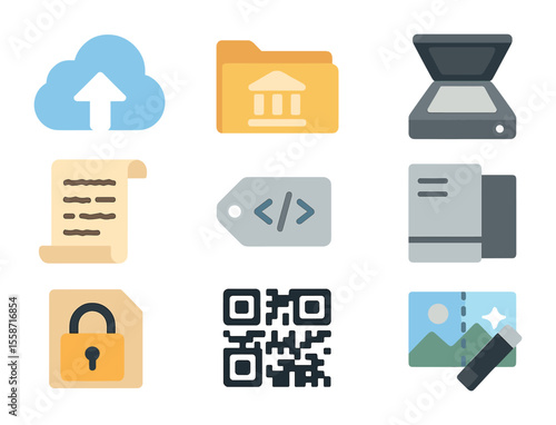 Digital Heritage Icons. Flat icon set of digital heritage archiving: cloud upload, folder with museum symbol,