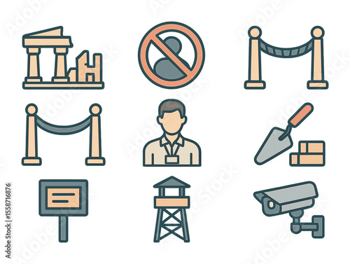 Endangered Site Icons. Flat icon set of endangered site protection: ancient ruins, no entry sign, preservation