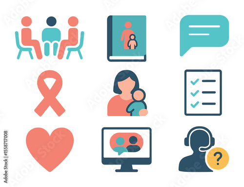 Parenting Support Icons. Flat icon set of parenting support systems: group meeting, parenting book, chat