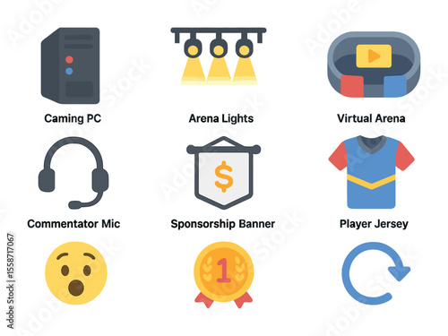 Esports Icon Set. Flat icon set of esports competitions: gaming PC, arena lights, virtual arena, commentator