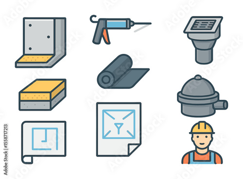 Waterproofing Systems Icons. Flat icon set of commercial waterproofing systems: concrete wall, sealant spray