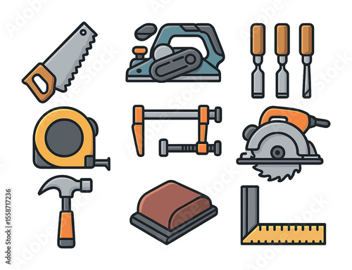 Woodworking Tool Icons. Flat icon set of woodworking tools: hand saw, electric planer, chisel set, tape